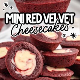 a close up shot of a bunch of Mini Red Velvet Cheesecake stacked on top of each other on a plate and a close up shot of a couple of Mini Red Velvet Cheesecake stacked on top of each other with one having a bite taken out on a plate