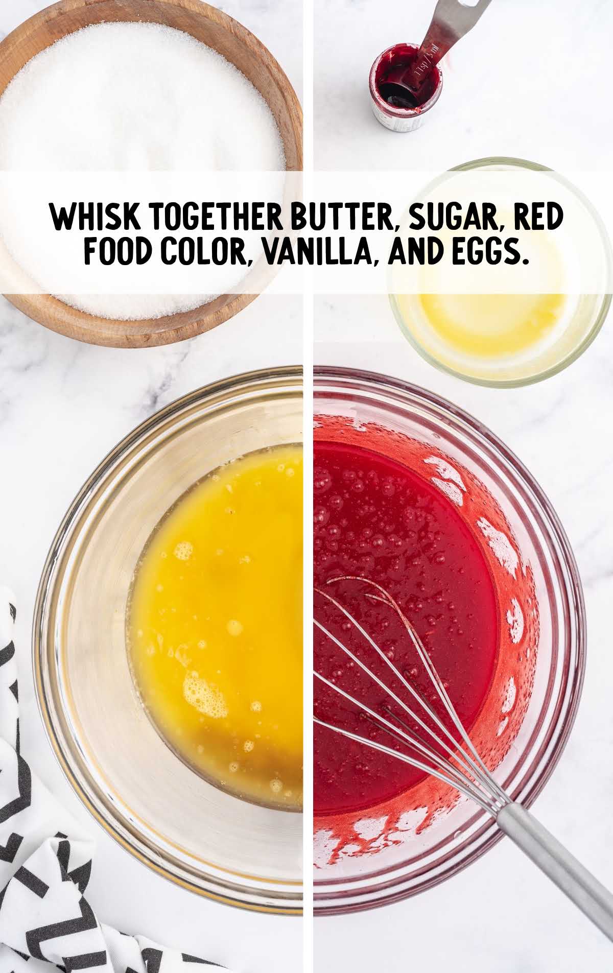 butter, sugar, red food coloring, vanilla, and eggs whisked in a bowl