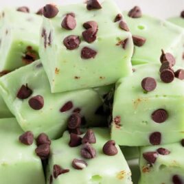 a close up shot of Mint Chocolate Chip Fudge stacked on top of each other on a plate