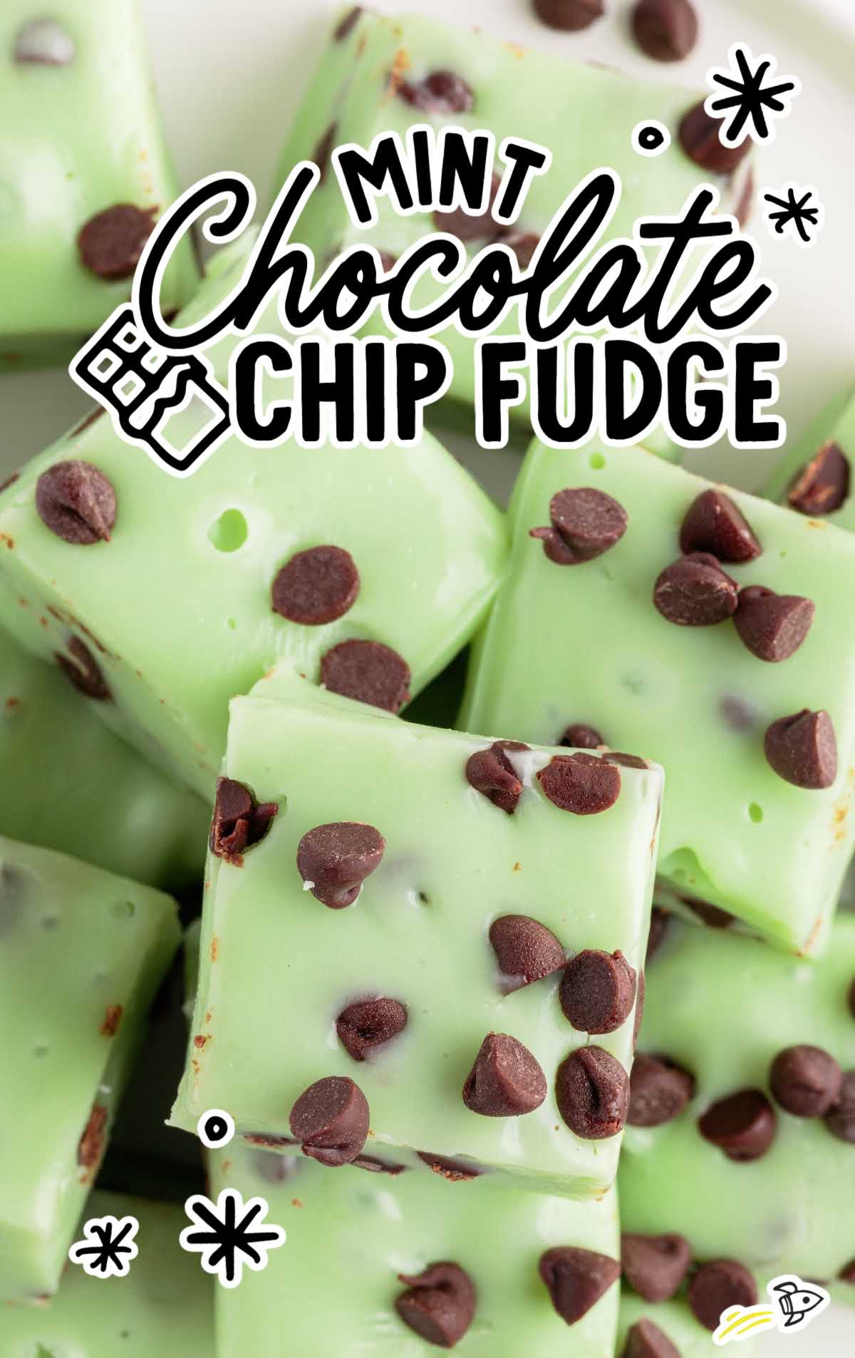 a overhead shot of Mint Chocolate Chip Fudge stacked on top of each other