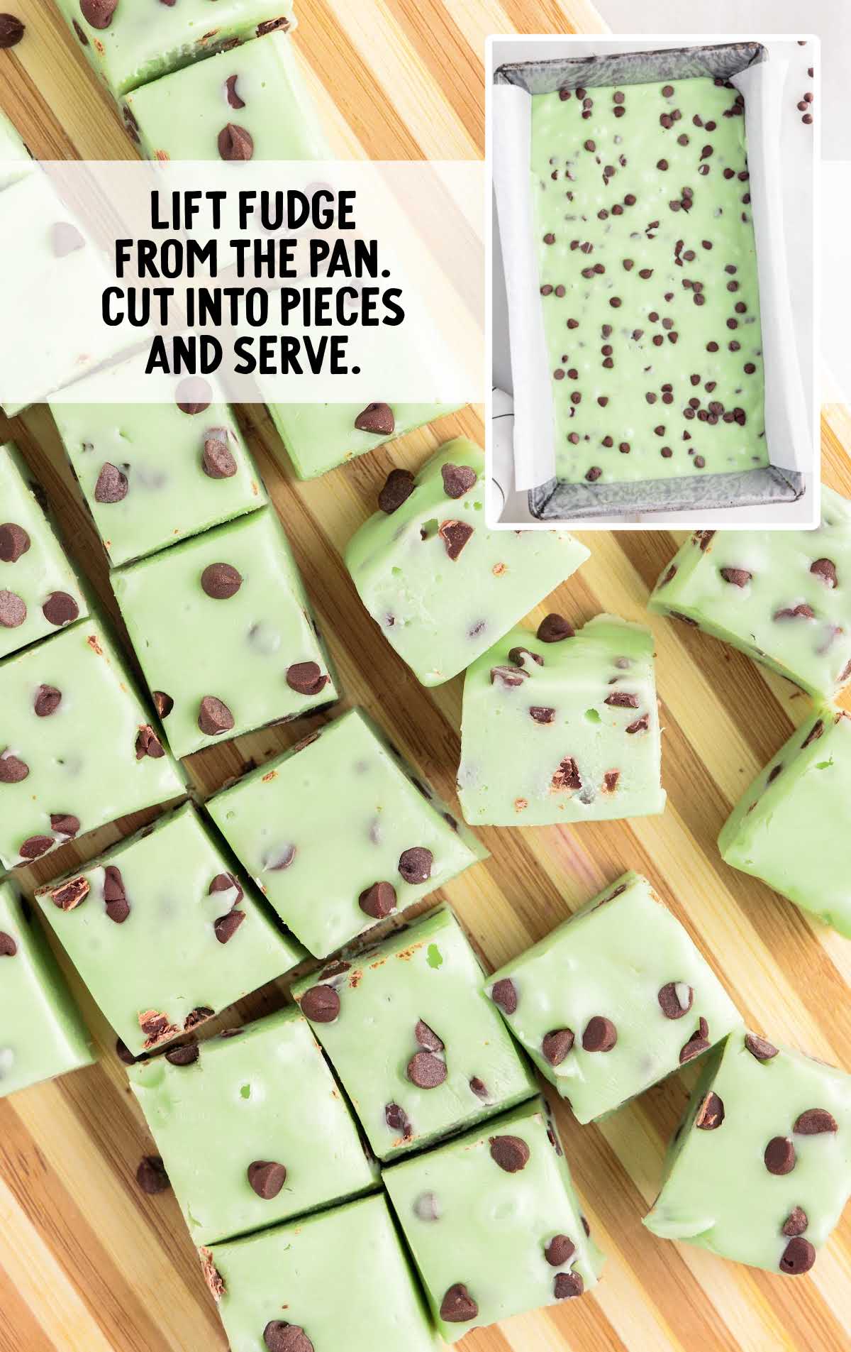 fudge lifted from the pan and then cut into pieces on a wooden board