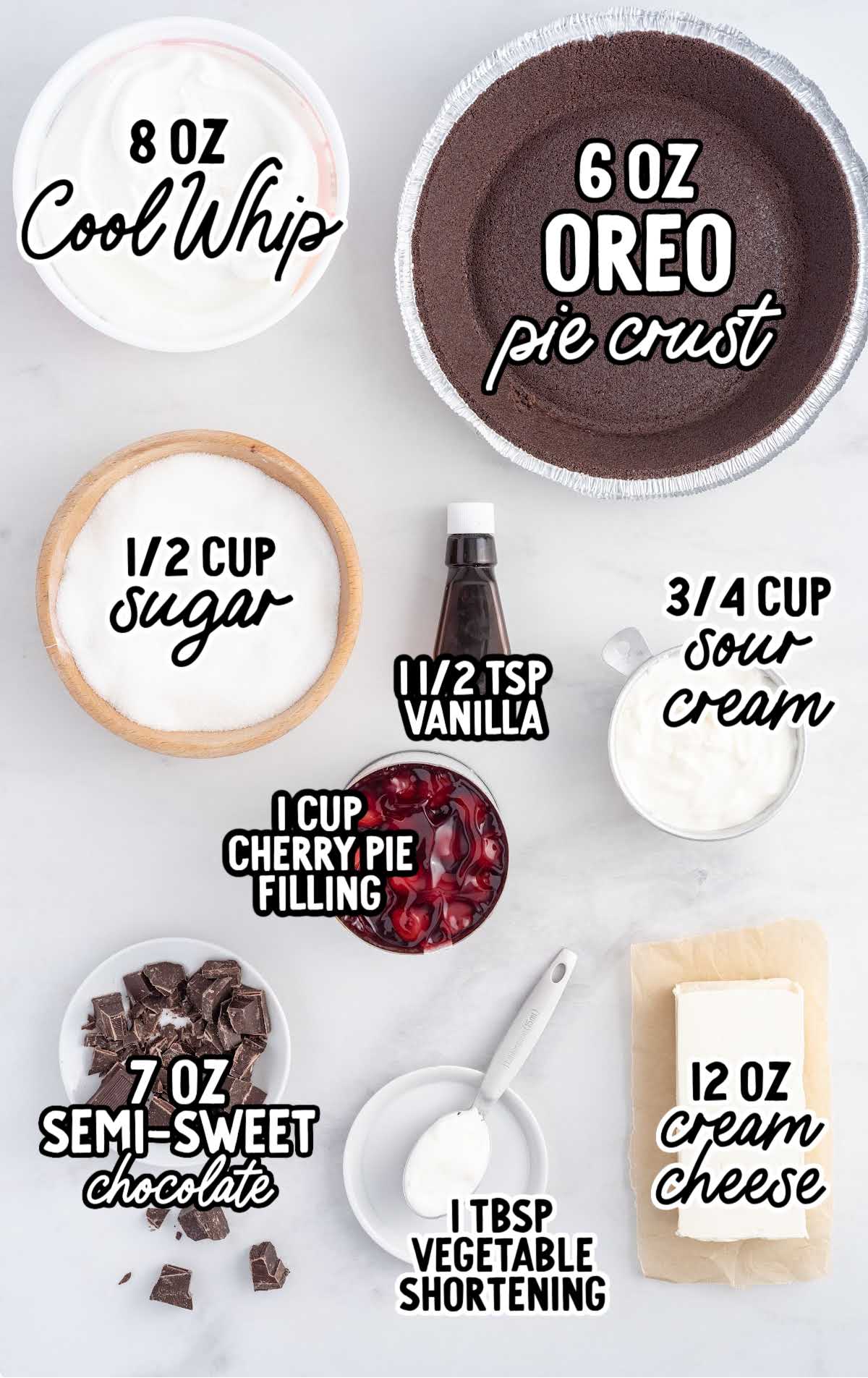 No Bake Black Forest Cheesecake raw ingredients that are labeled