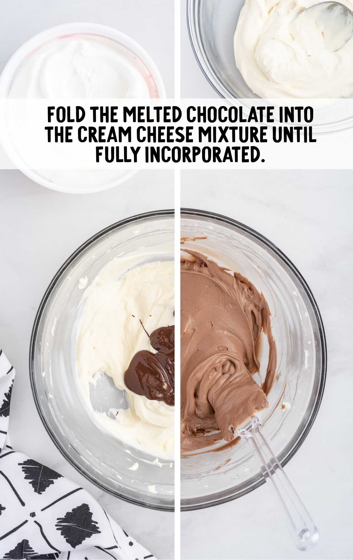 melted chocolate and cream cheese mixture folded in a bowl