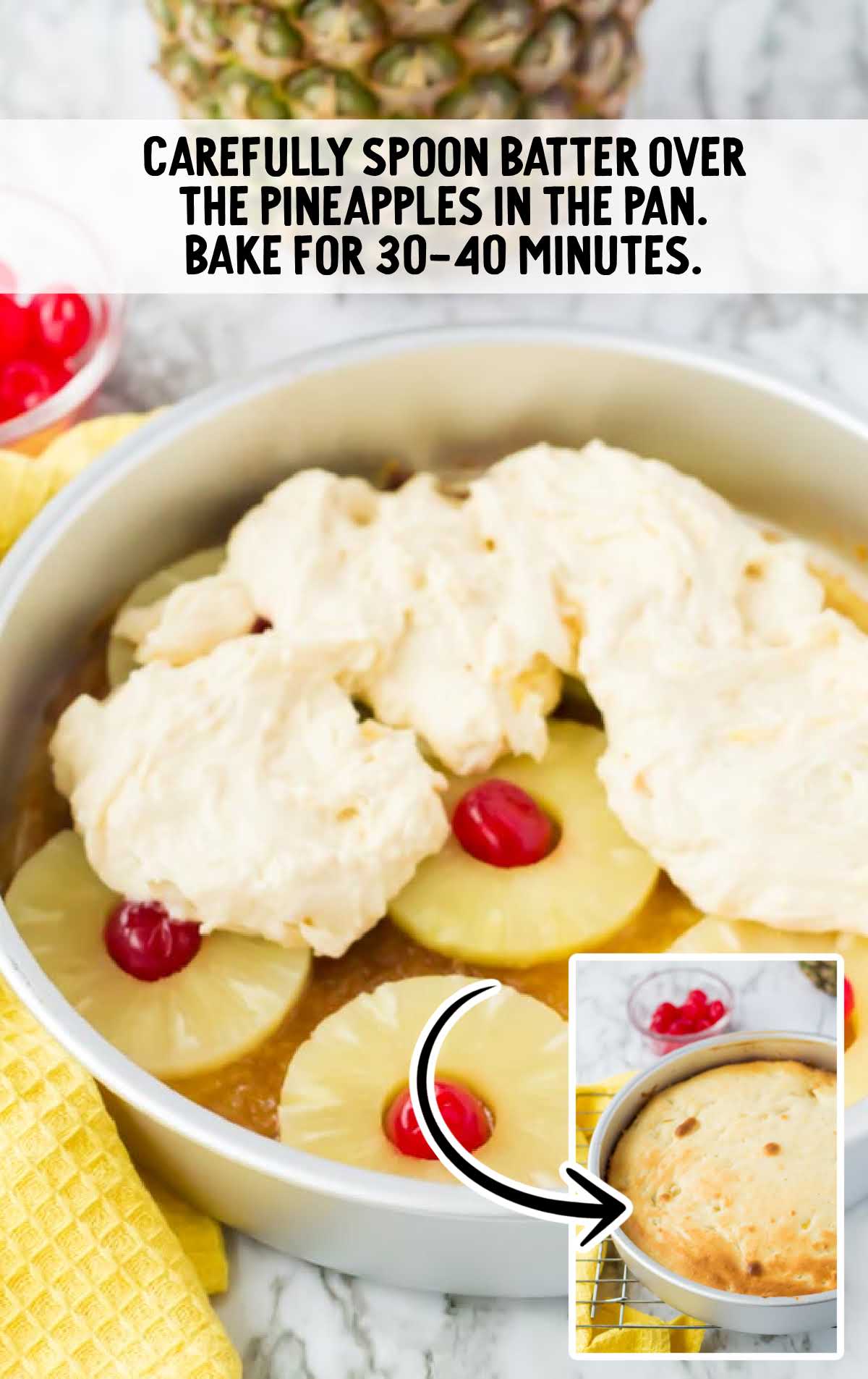 batter spooned over the pineapples in a pan