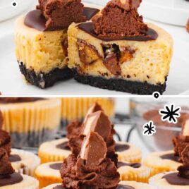 a close up shot of Reese’s Peanut Butter Cup Mini Cheesecakes on a plate and a a close up shot of Reese’s Peanut Butter Cup Mini Cheesecakes on a plate split in half