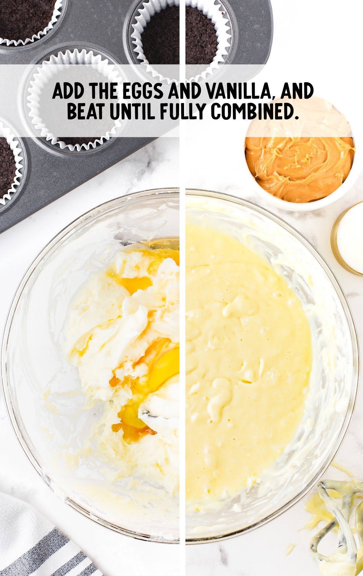 egg and vanilla added to the cream cheese mixture in a bowl