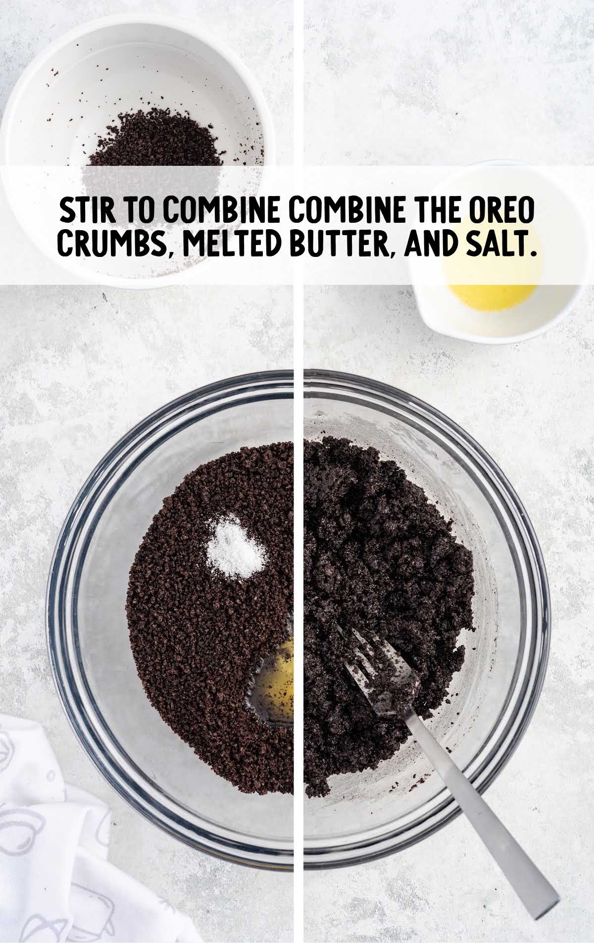 oreo crumbs, melted butter and salt stirred in a bowl