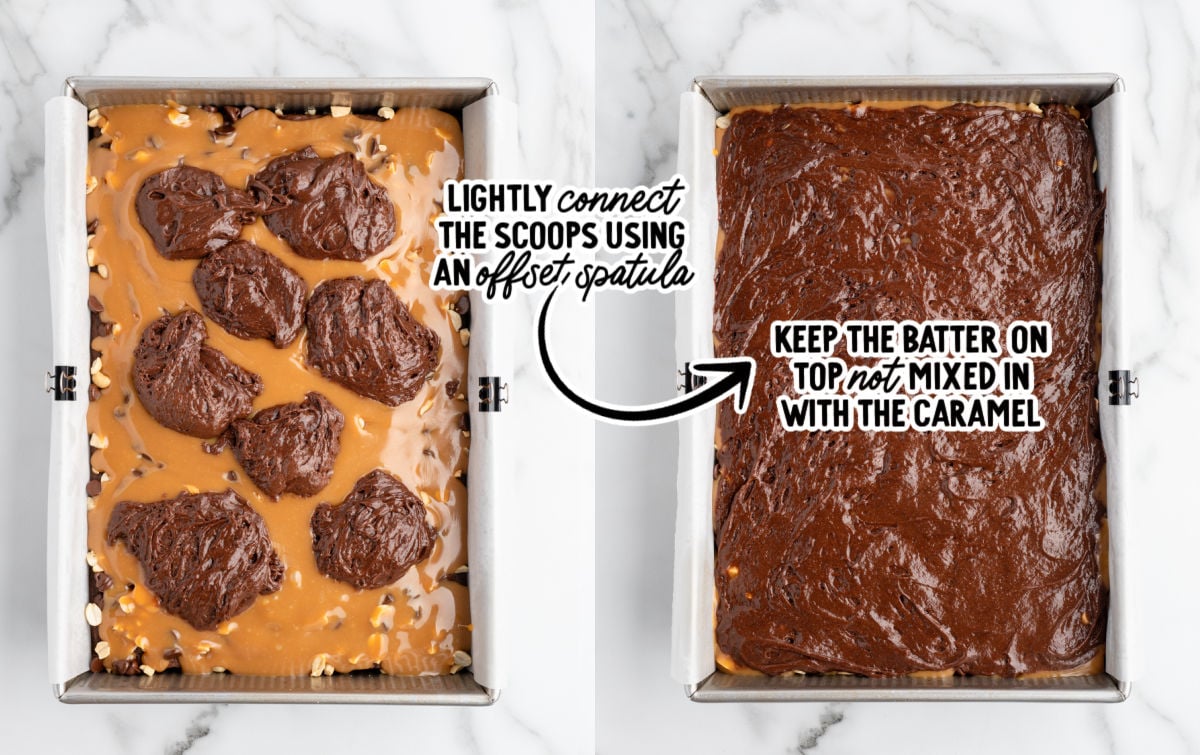 Side-by-side images showing how to layer Snickers Cake batter and caramel — dollops of batter connected gently with an offset spatula to keep layers separate.
