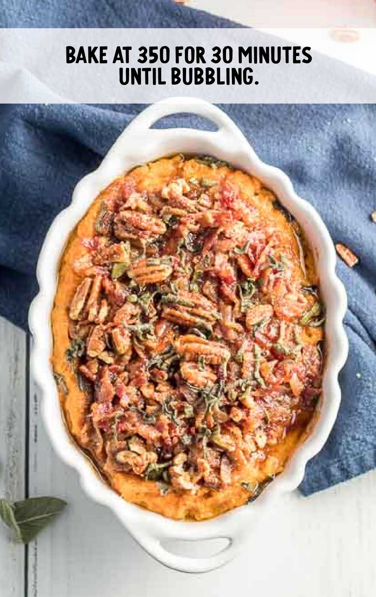 baked Sweet Potato Casserole with Pecans in a bowl