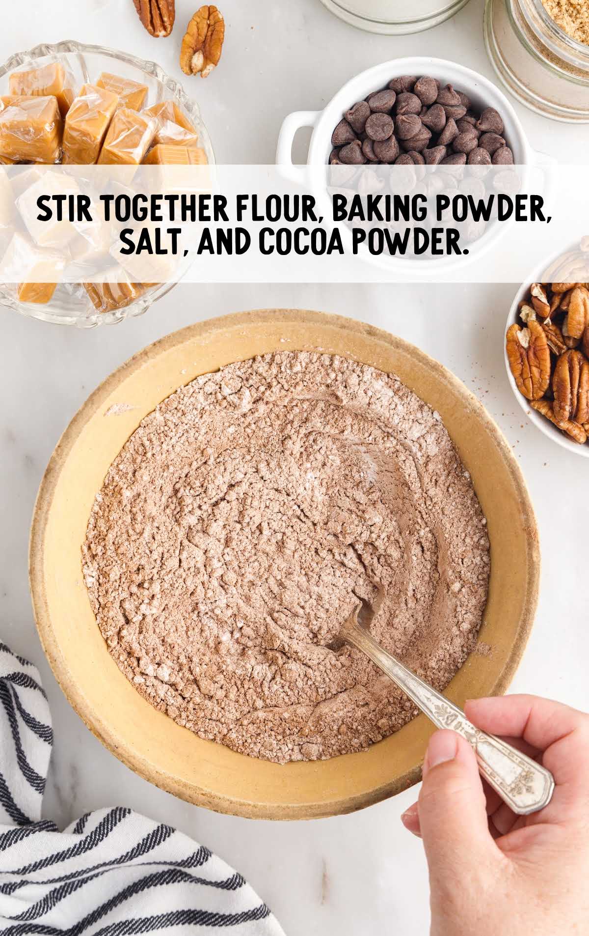flour, baking powder, salt, and cocoa powder stirred in a bowl