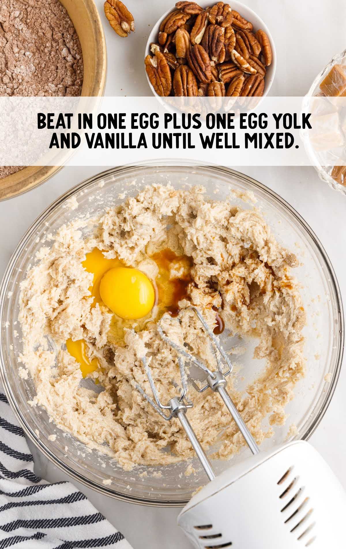 egg and egg yolk and vanilla blended with the baking powdered mixture in a bowl