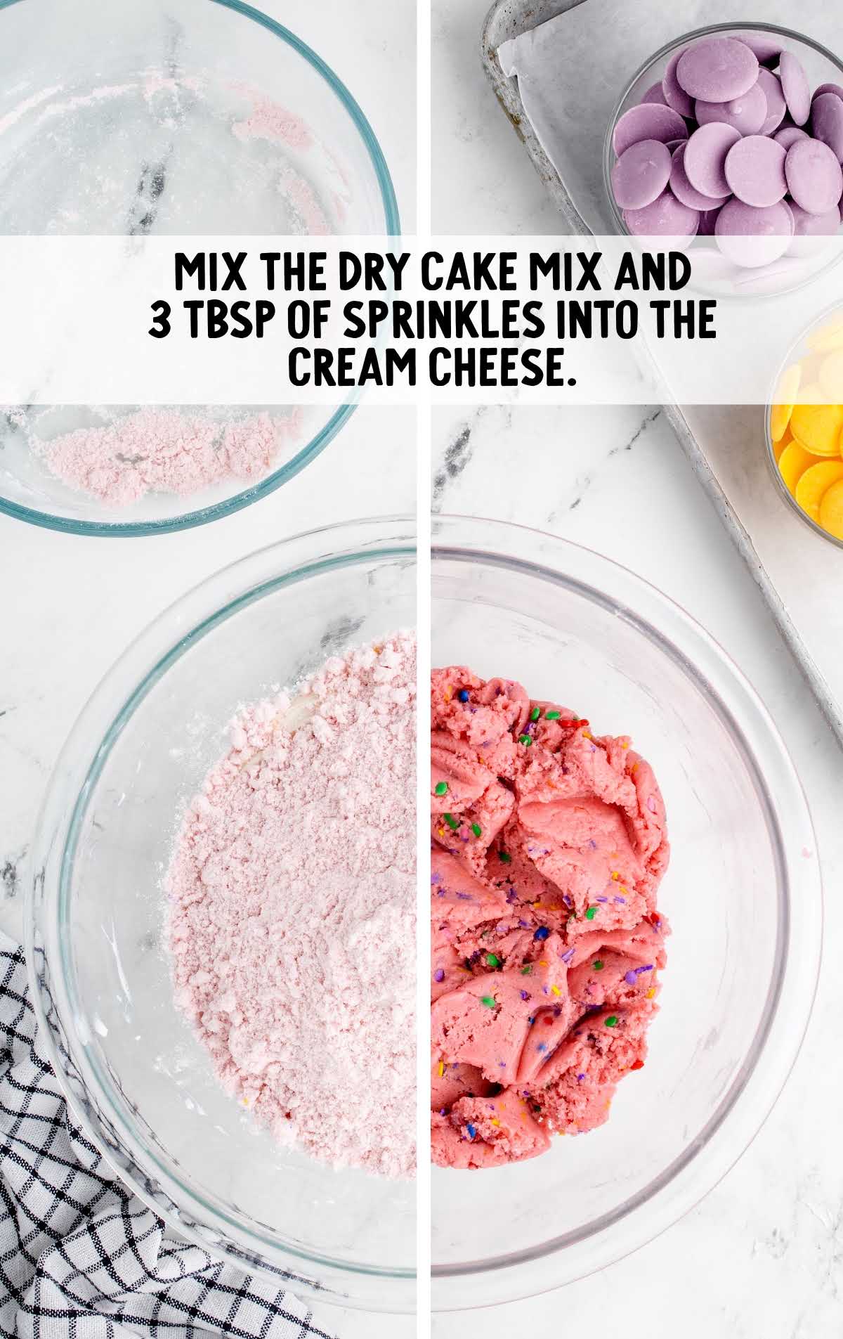 dry cake mix and sprinkles mixed with the cream cheese in a bowl