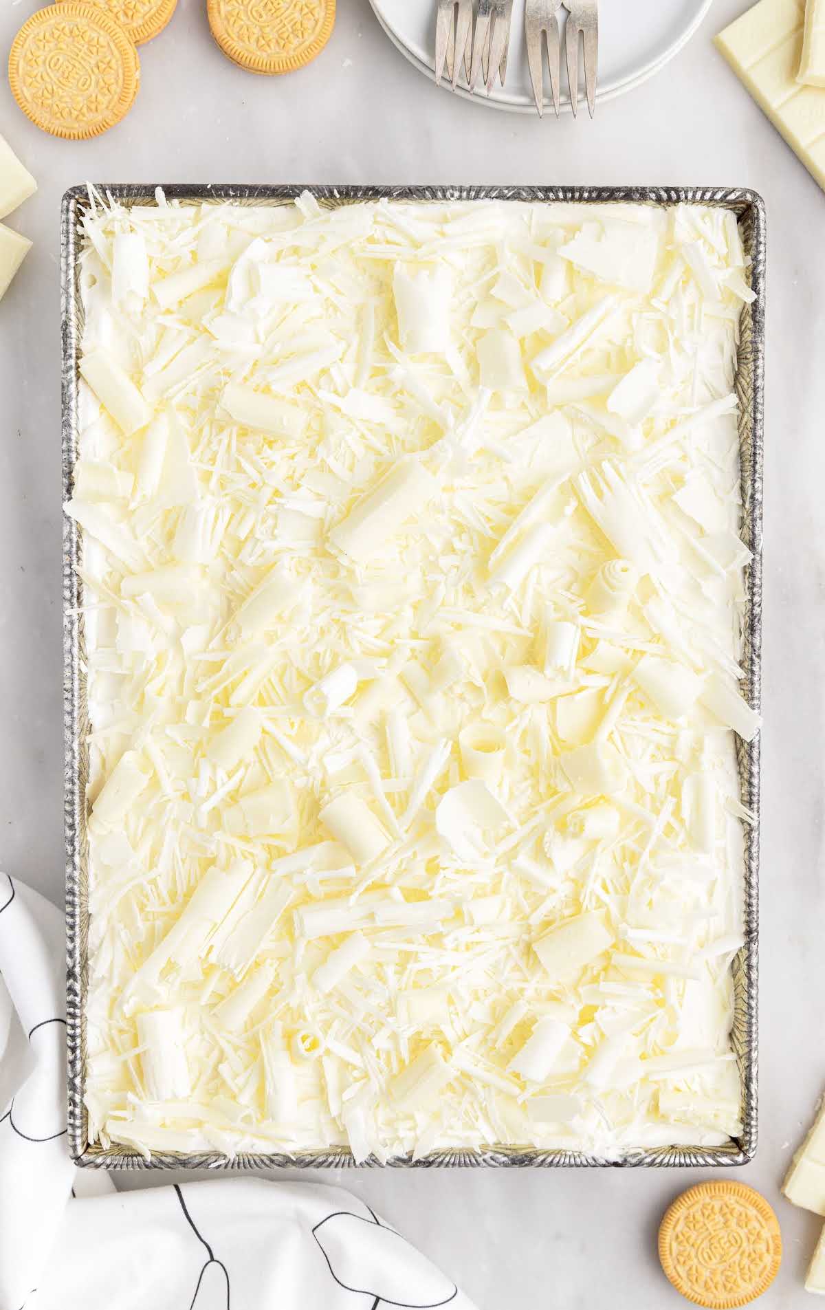 a overhead shot of white chocolate lasagna in a pan