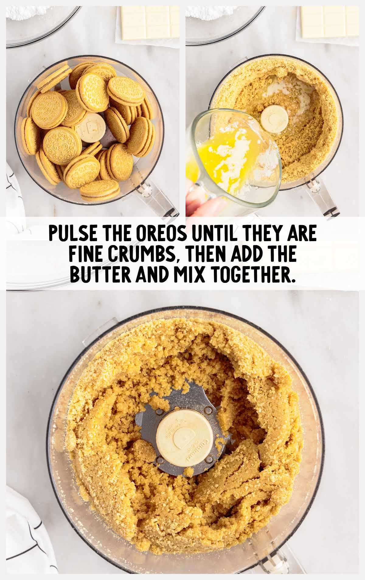 oreos pulsed until fine crumbs and then butter added and mixed together