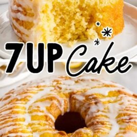 close up shot of a slice of 7Up Cake with a bite taken out of it on a plate and a close up shot of 7Up Cake on a cooling rack