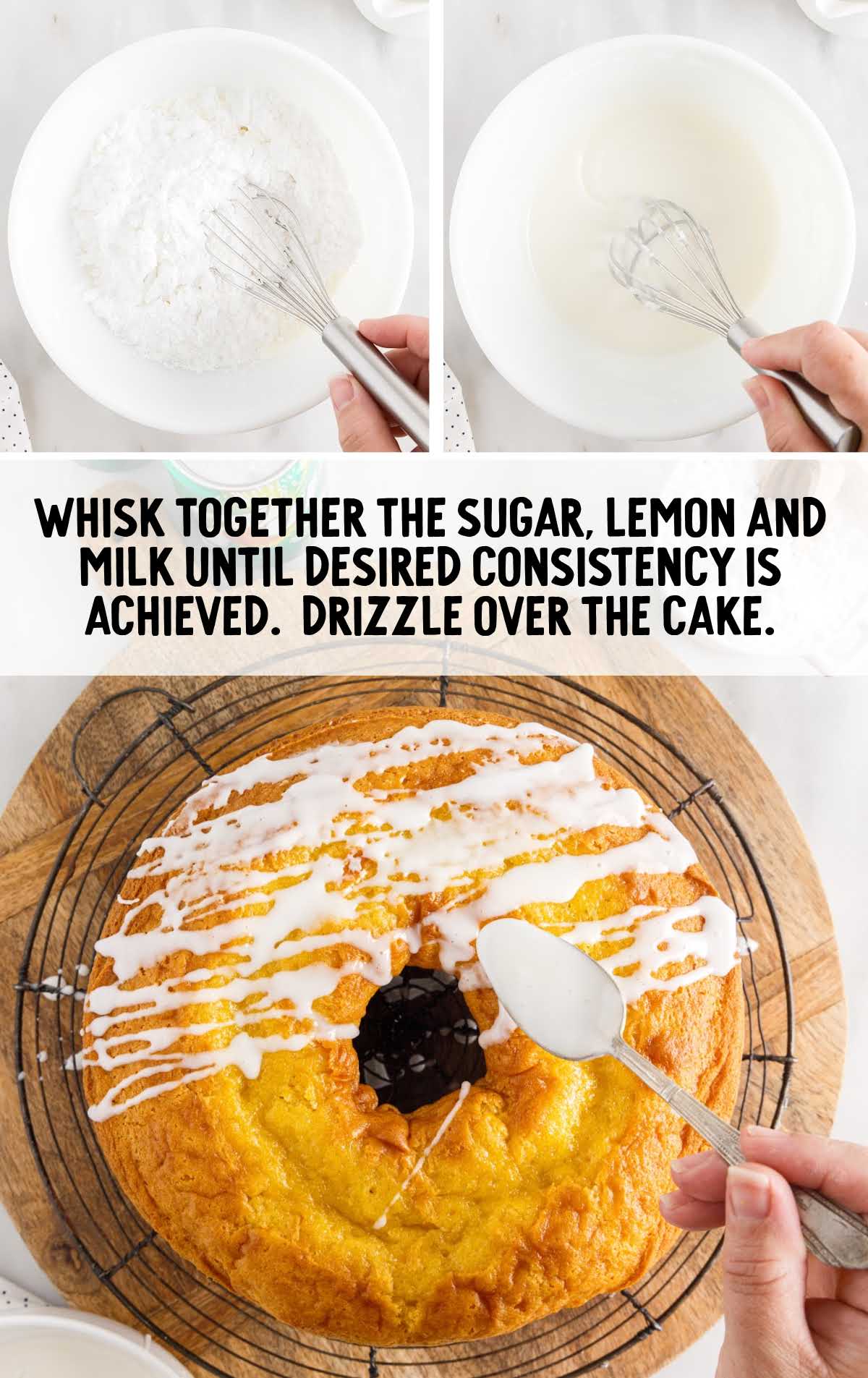 sugar, lemon and milk whisked in a bowl and drizzled over the cake