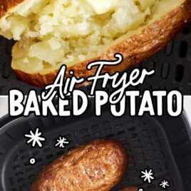 overhead shot of Air Fryer Baked Potatoes on a air fryer and a overhead of a Air Fryer Baked Potato
