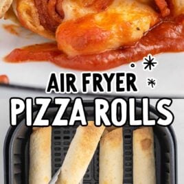 close up shot of a Air Fryer Pizza Rolls and a overhead shot of Air Fryer Pizza Rolls on a air fryer