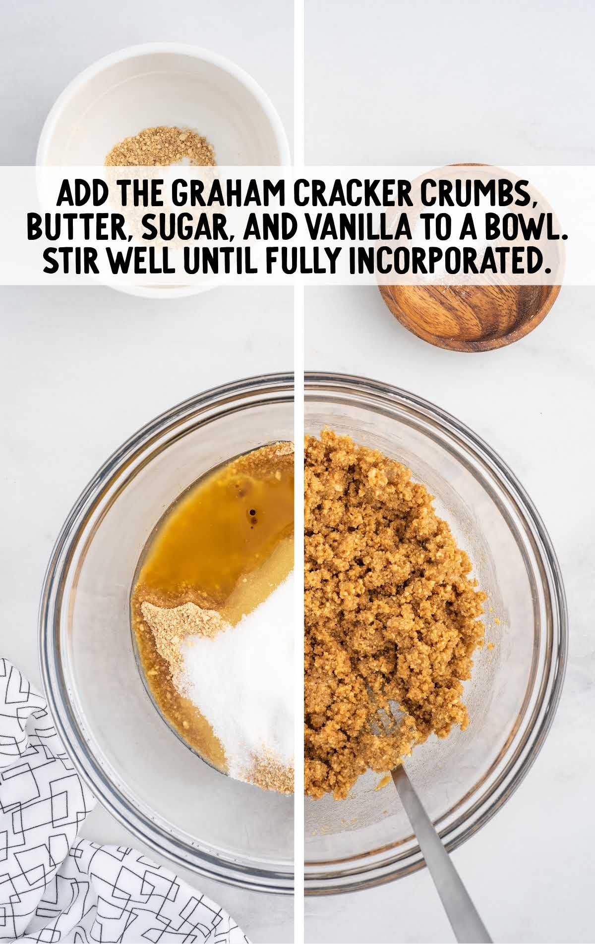 graham crackers crumbs, butter, sugar, and vanilla added to a bowl
