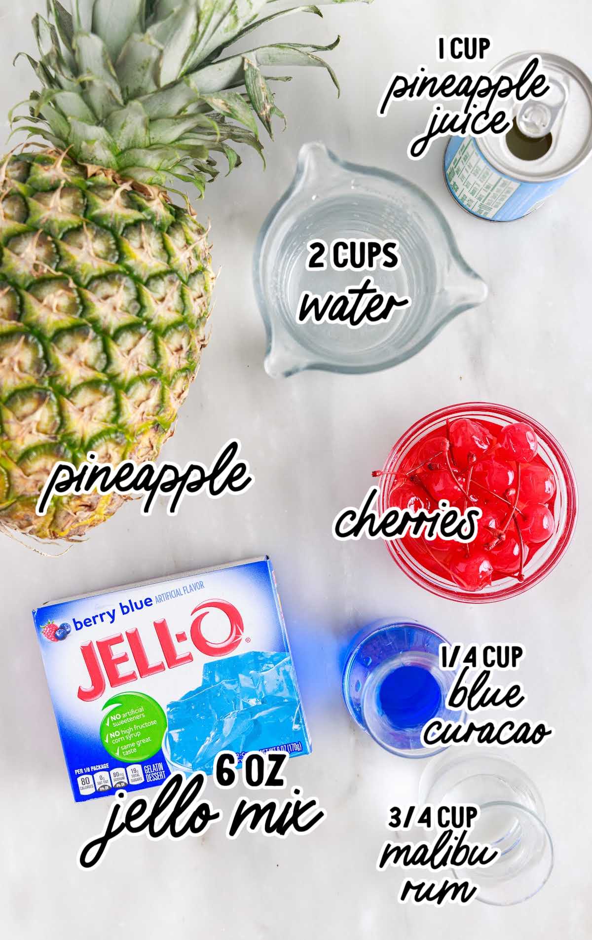 Blue Hawaiian Jello Shots raw ingredients that are labeled