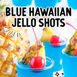 a close up shot of Blue Hawaiian Jello Shots topped with a cherry and slice of pineapple