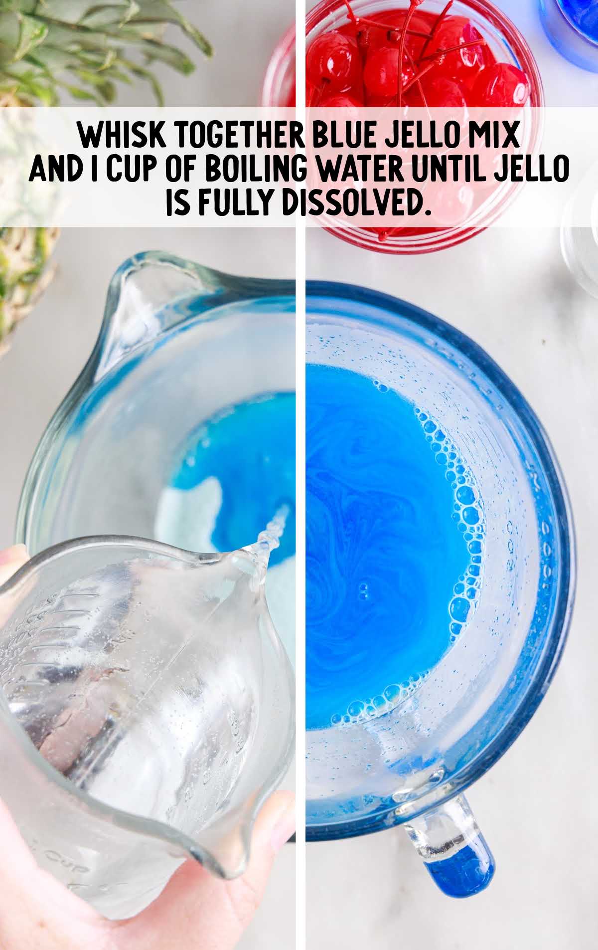 blue jello mix and boiling water whisked in a jug