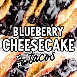 a close up shot of Blueberry Cheesecake Tacos on a plate
