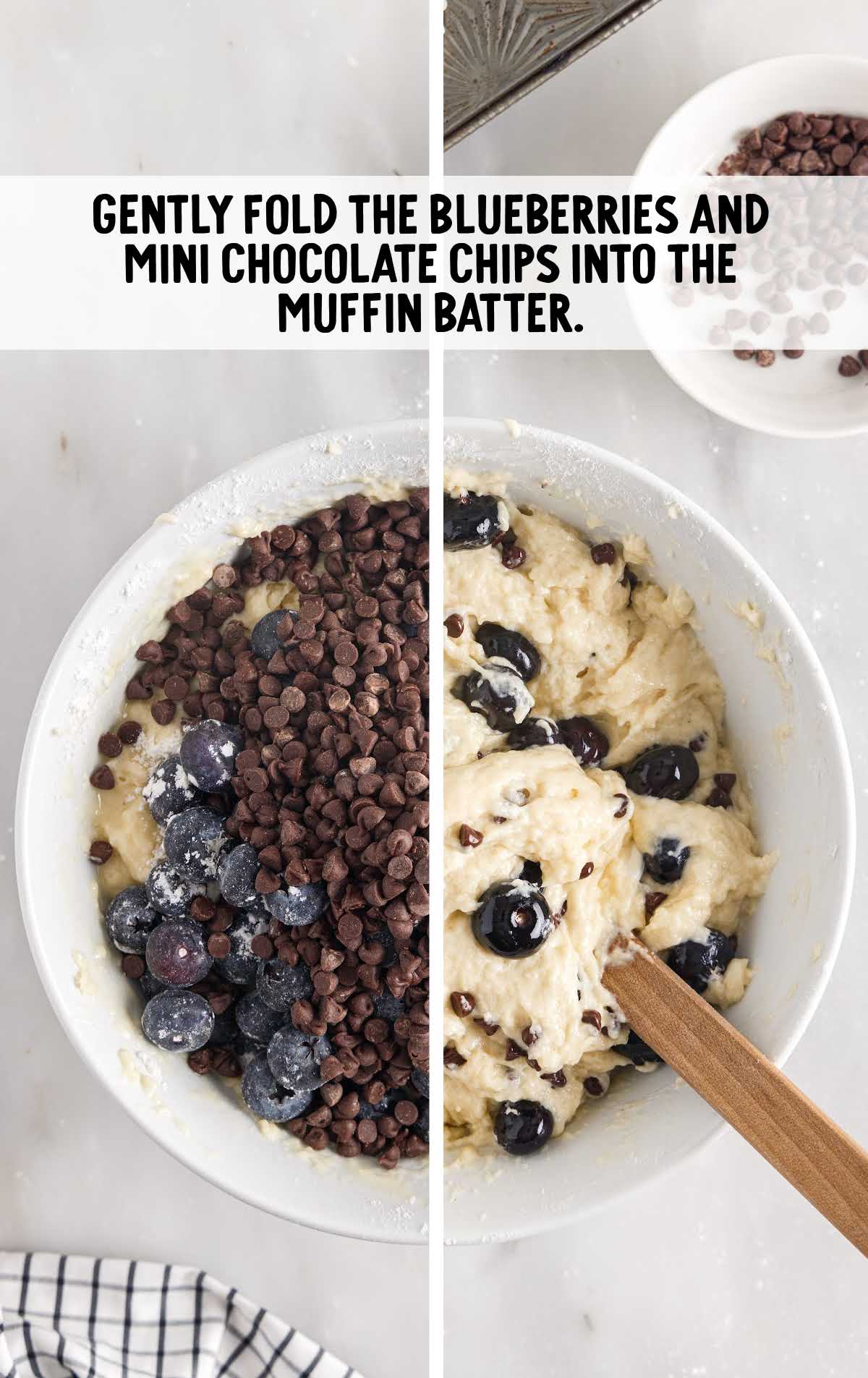 blueberries and mini chocolate chip folded into the muffin batter in a bowl
