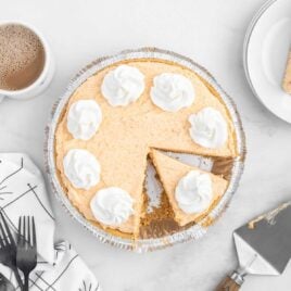 overhead shot of Butterscotch Cool Whip Pie with slices cut off