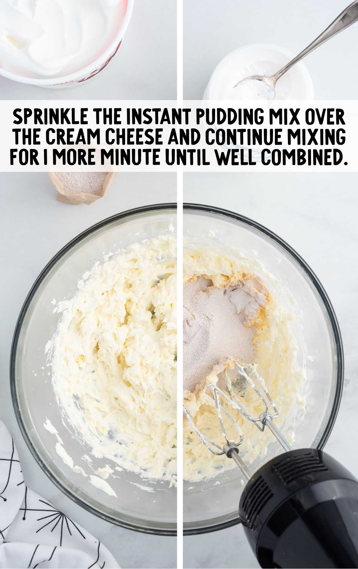 instant pudding mix sprinkled over the cream cheese and blended together in a bowl