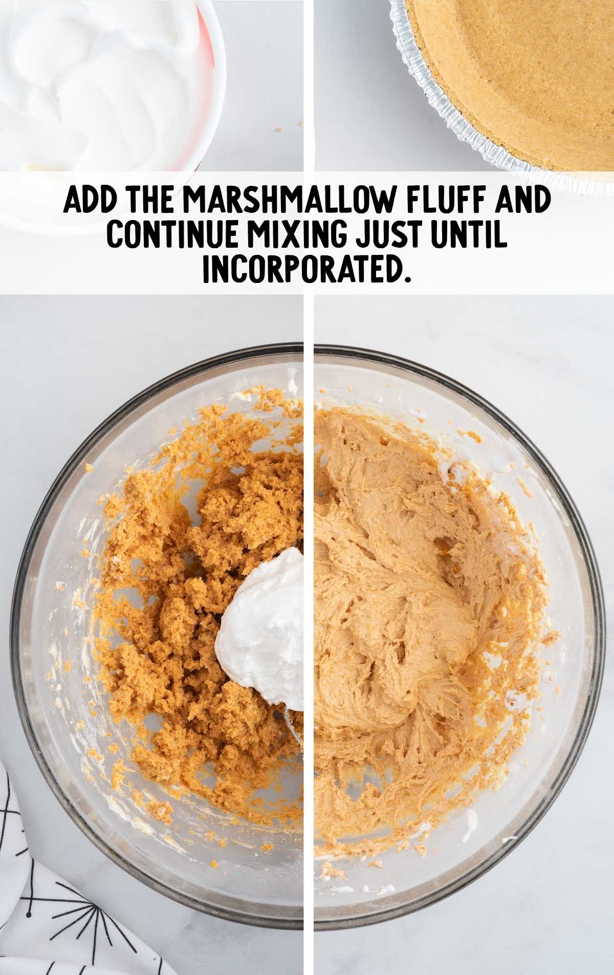marshmallows fluff added to the cream cheese mixture in a bowl
