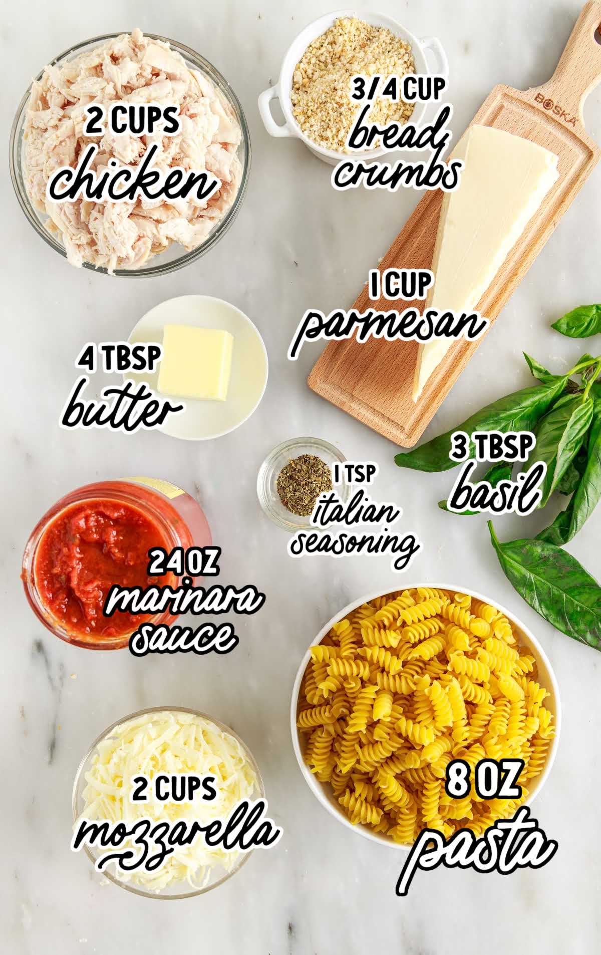 Chicken Parmesan Casserole raw ingredients that are labeled