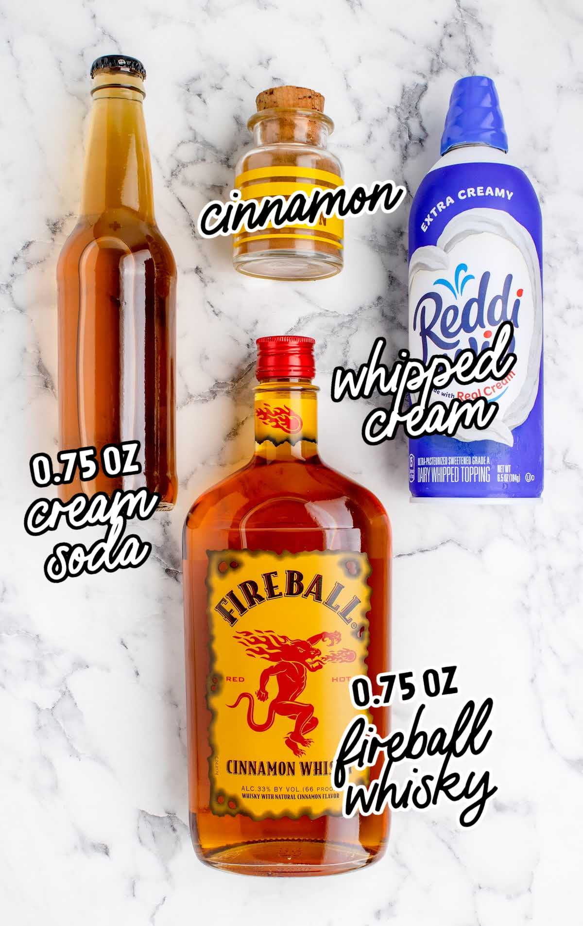 Cinnamon Roll Fireball Shot raw ingredients that are labeled