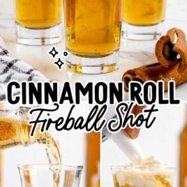 a close up shot of Cinnamon Roll Fireball Shot in cups topped with whipped cream and close up shot of steps of making the fireball shot