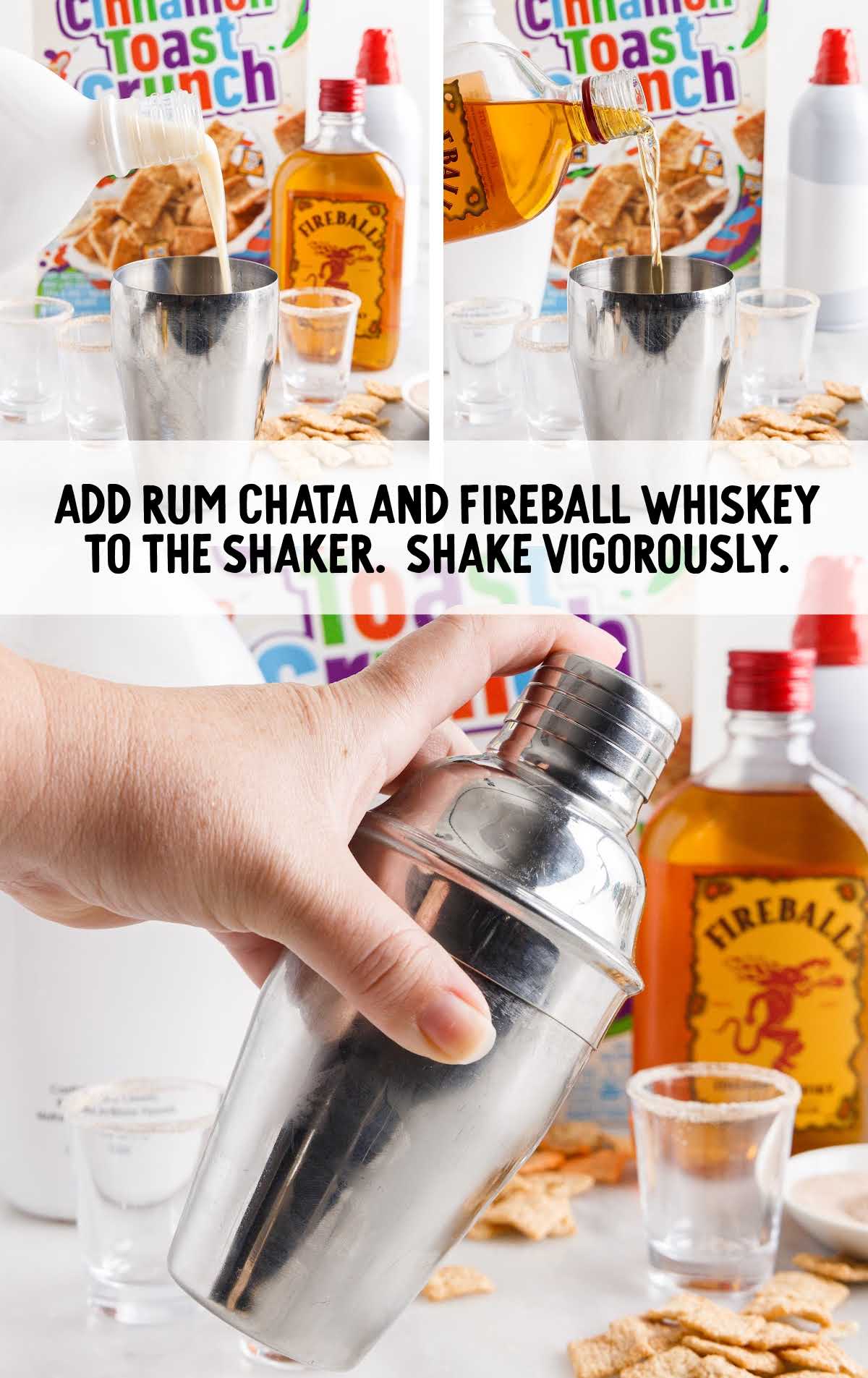 rum chata and fireball whiskey added to a shaker