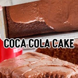 a close up shot of a slice of Coca Cola Cake on a plate with a bite taken out of it and a overhead shot of the cake being spread with frosting