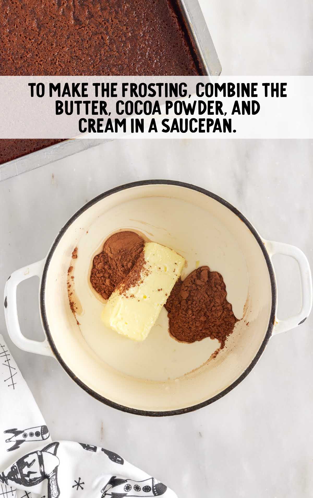 butter, cocoa powder, and cream combined in a saucepan