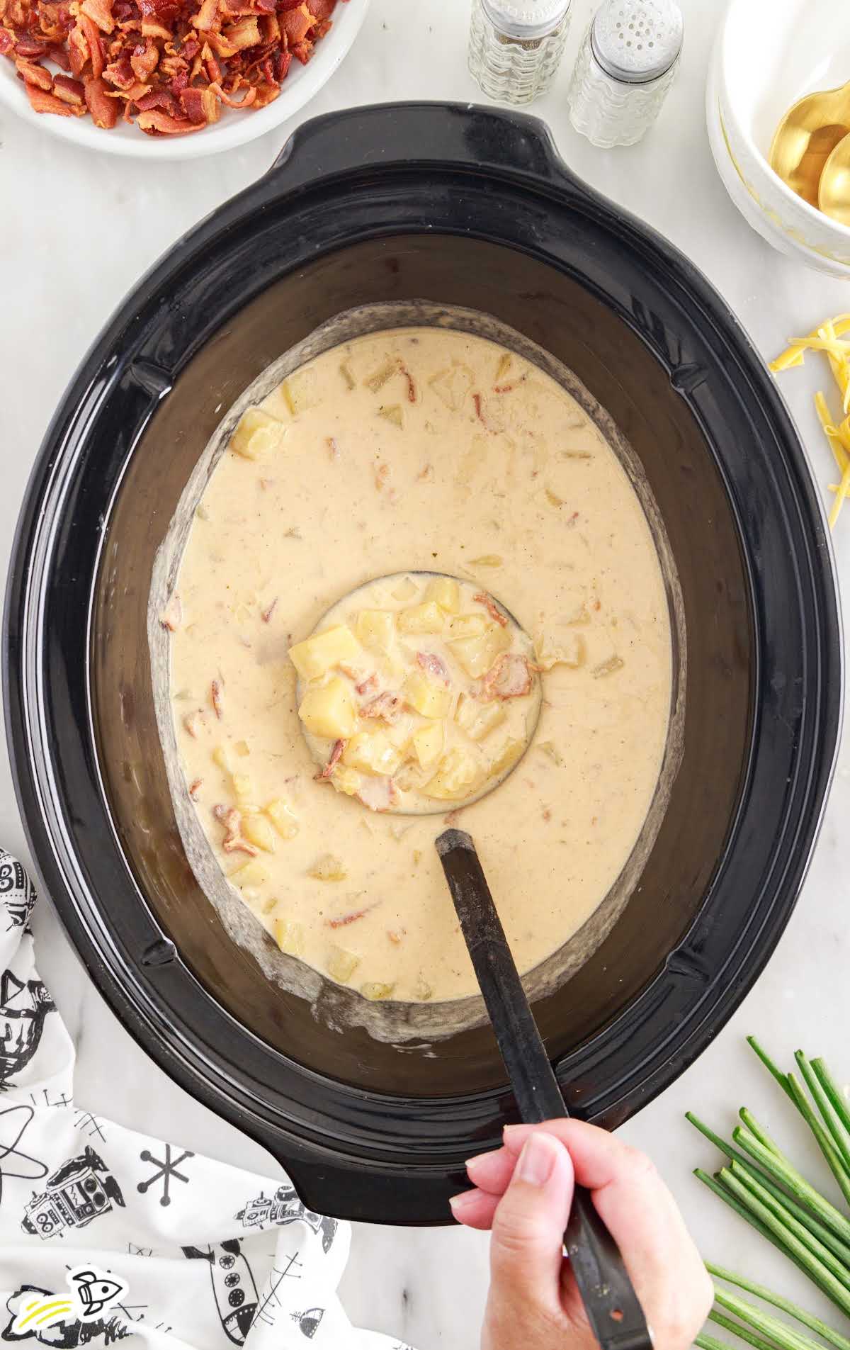 overhead shot of Crockpot Potato Soup in a crockpot