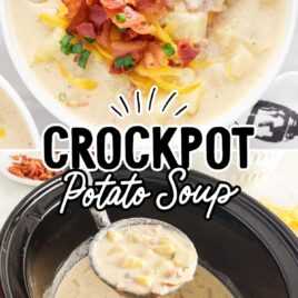 close up sot of Crockpot Potato Soup in a crockpot and a overhead shot of Crockpot Potato Soup in a bowl
