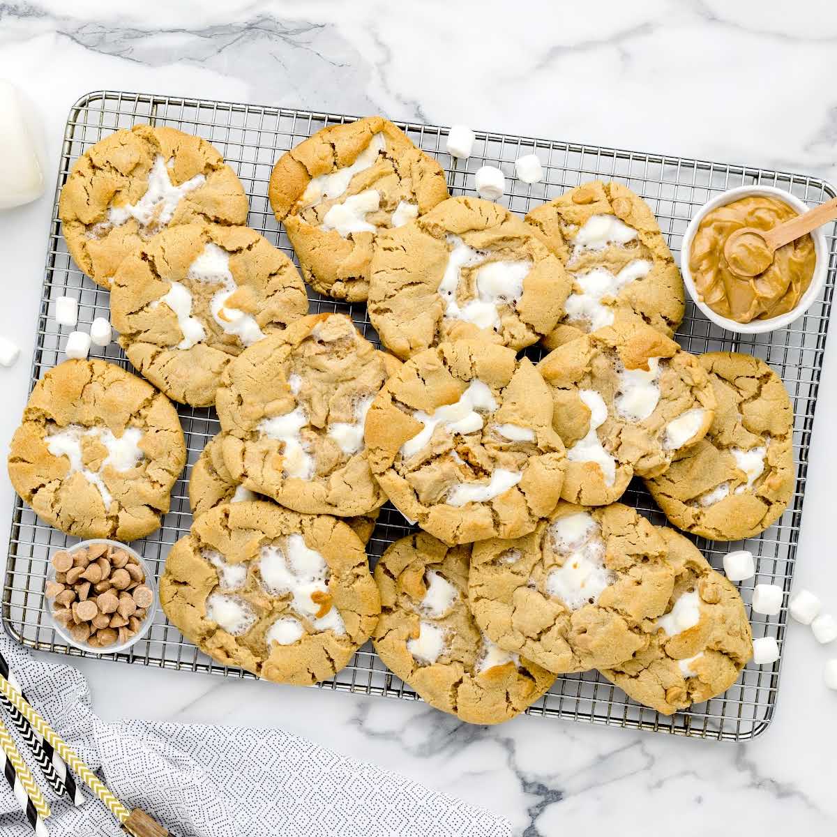 overhead shot of Fluffernutter Cookies on a cooling rack