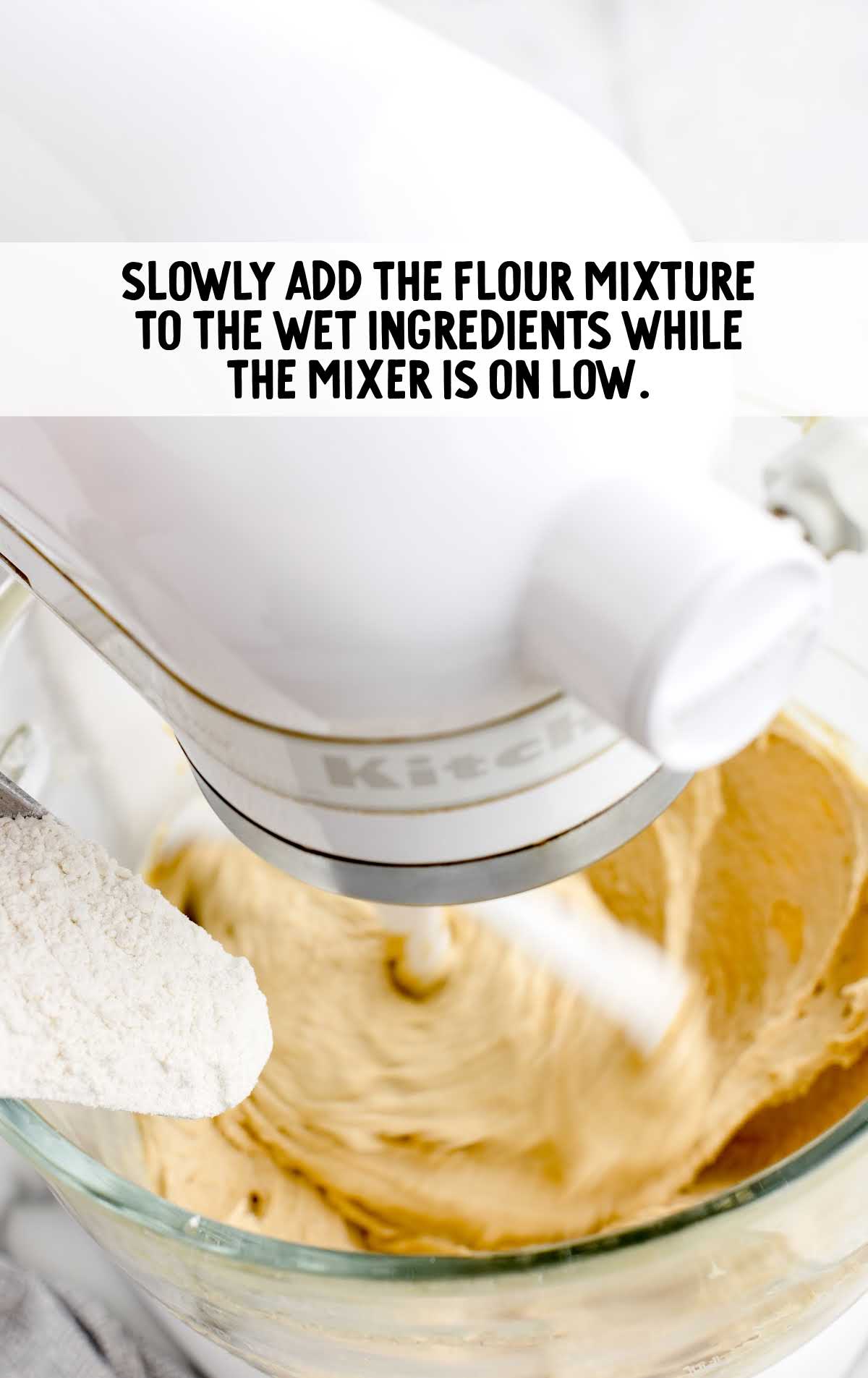 flour mixture added to the wet ingredients and blended together