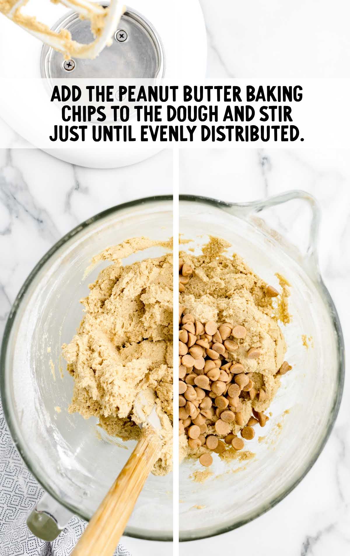 peanut butter baking chips added to the dough and stirred in a bowl