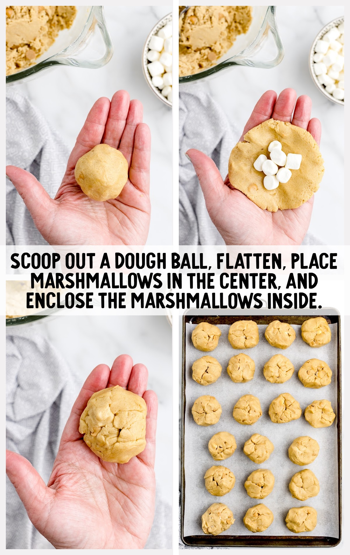 flatten dough and place marshmallow inside and enclose marshmallow