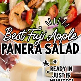 a close up shot of Fuji Apple Panera Salad in a wooden bowl with dressing being poured and a overhead shot of Fuji Apple Panera Salad in a wooden bowl