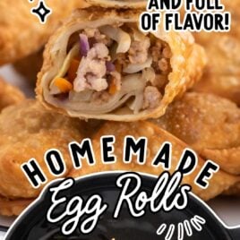 a close up shot of Homemade Egg Rolls with one split in half on a plate and a overhead shot of homemade egg rolls being taken out of pan