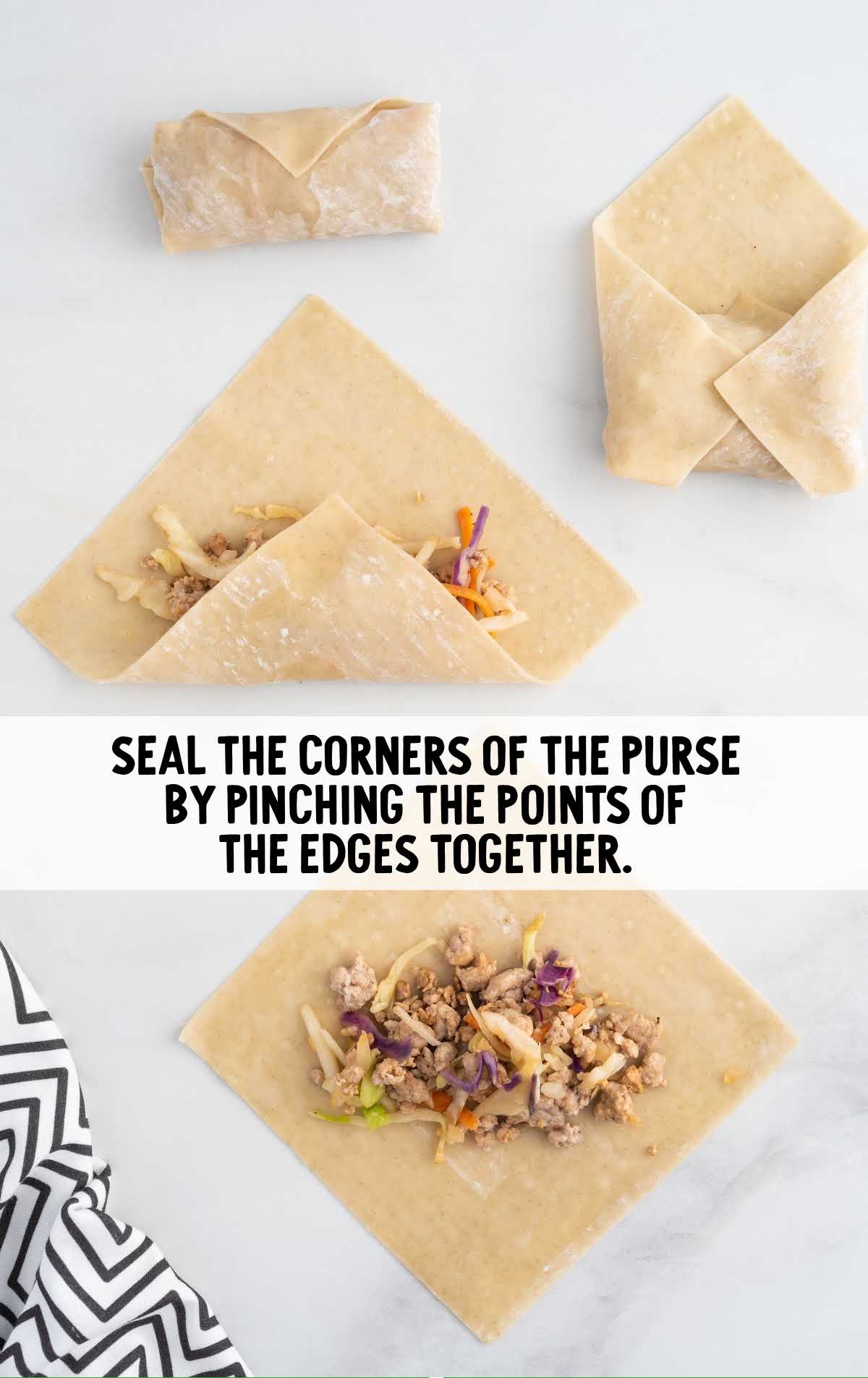 fold egg rolls by pitching the corners and edge together