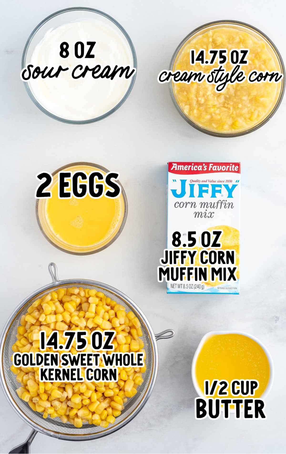 Jiffy Corn Casserole raw ingredients that are labeled