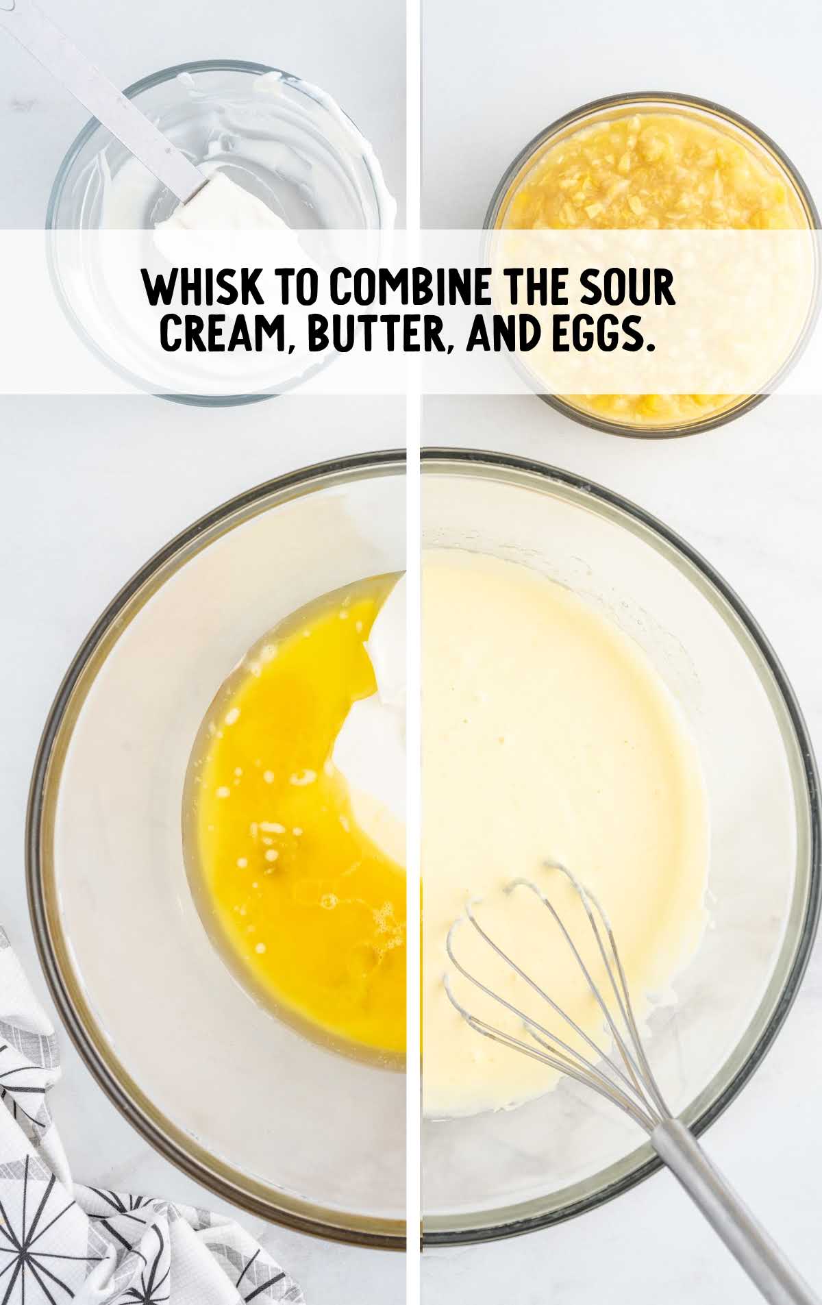 sour cream, butter, and eggs whisked in a bowl