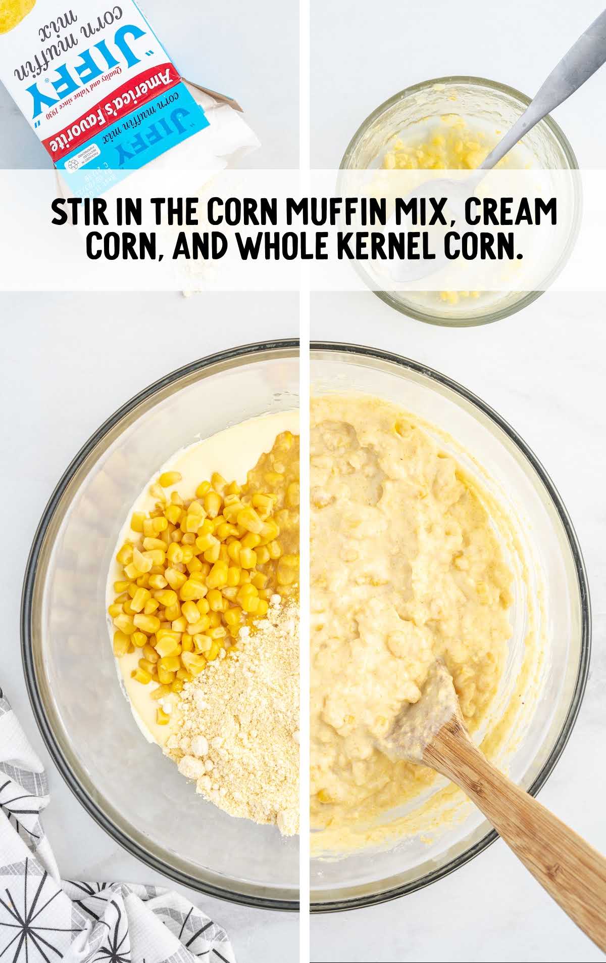 corn muffin mix, cream corn, whole kernel corn stirred in a bowl