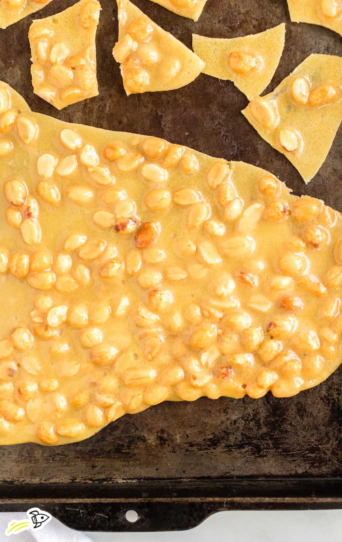 overhead shot of Microwave Peanut Brittle in a sheet pan
